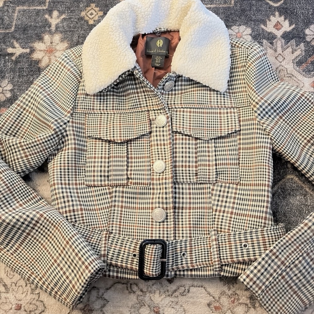 House of Harlow Plaid Cropped Jacket Removable Faux Fur Collar Belted Size XS